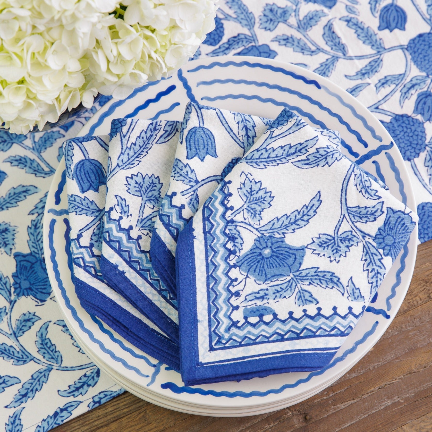 Blue Jalore Hand Block Printed Blue & White Floral Cotton Napkins