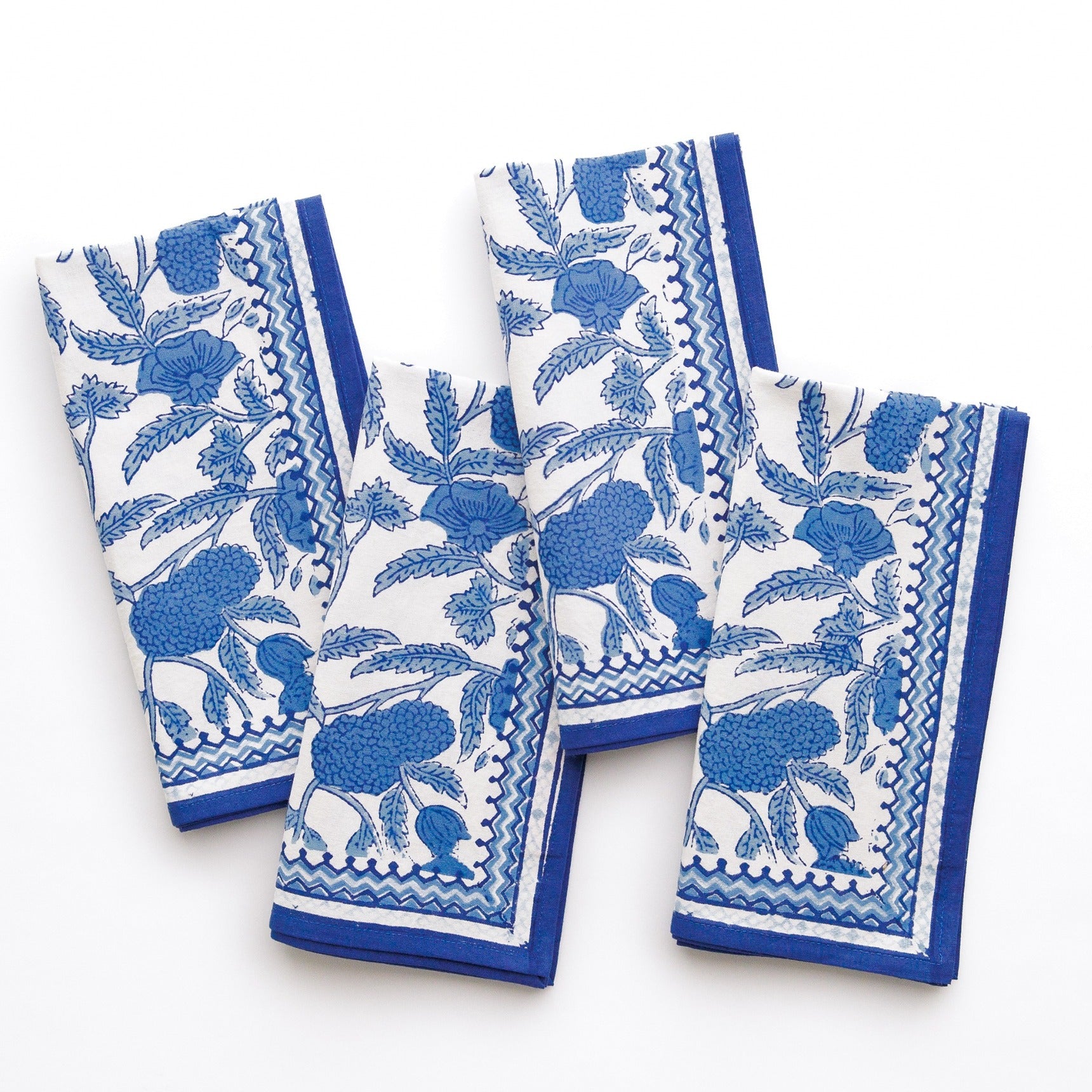 Blue Jalore Hand Block Printed Blue & White Floral Cotton Napkins