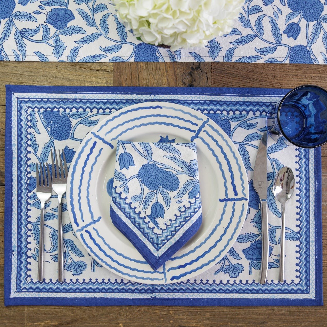 Blue Jalore Hand Block Printed Blue & White Floral Cotton Canvas Placemats