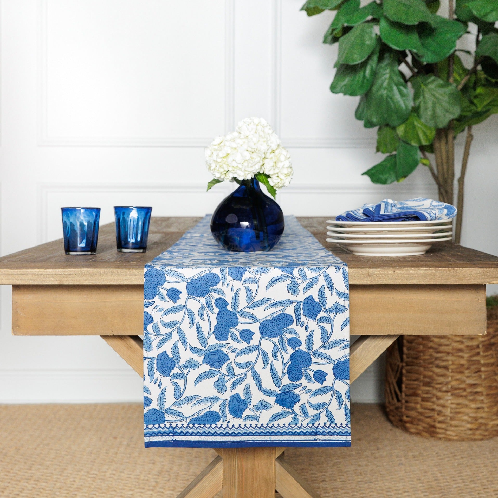 Blue Jalore Hand Block Printed Blue & White Floral Table Runner
