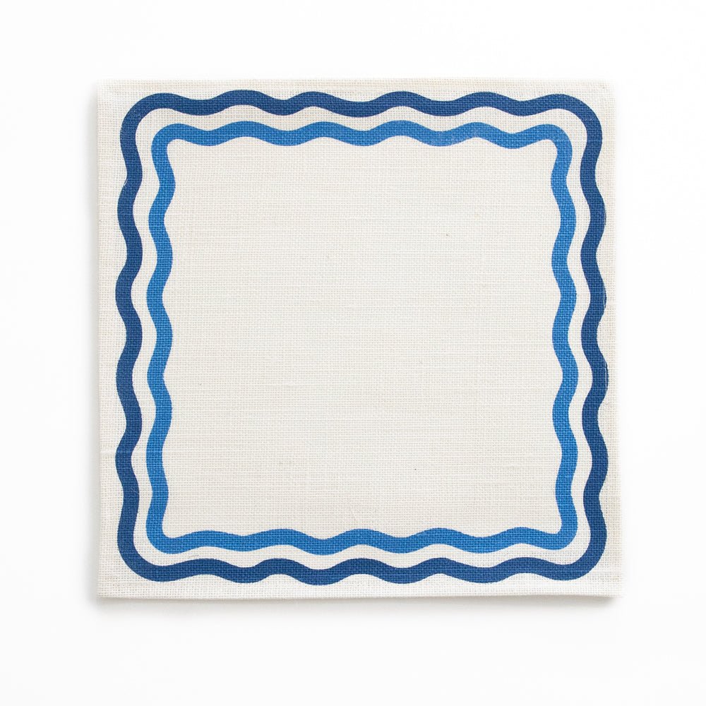 Blue & White Natural Fiber Woven Jute Square Placemats with Wave detail