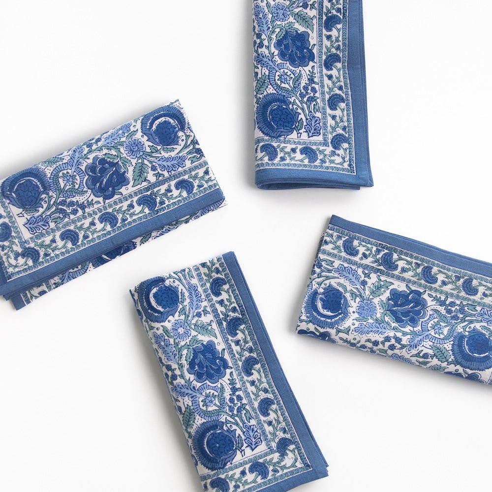 Bohemian Floral Azure Blue & Aqua Hand Block Printed Floral Cotton Napkins