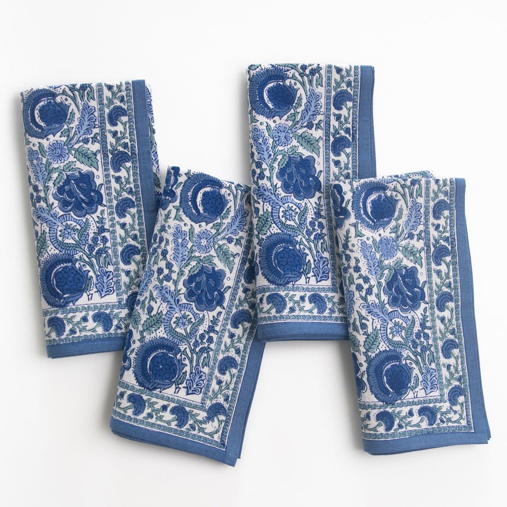 Bohemian Floral Azure Blue & Aqua Hand Block Printed Floral Cotton Napkins
