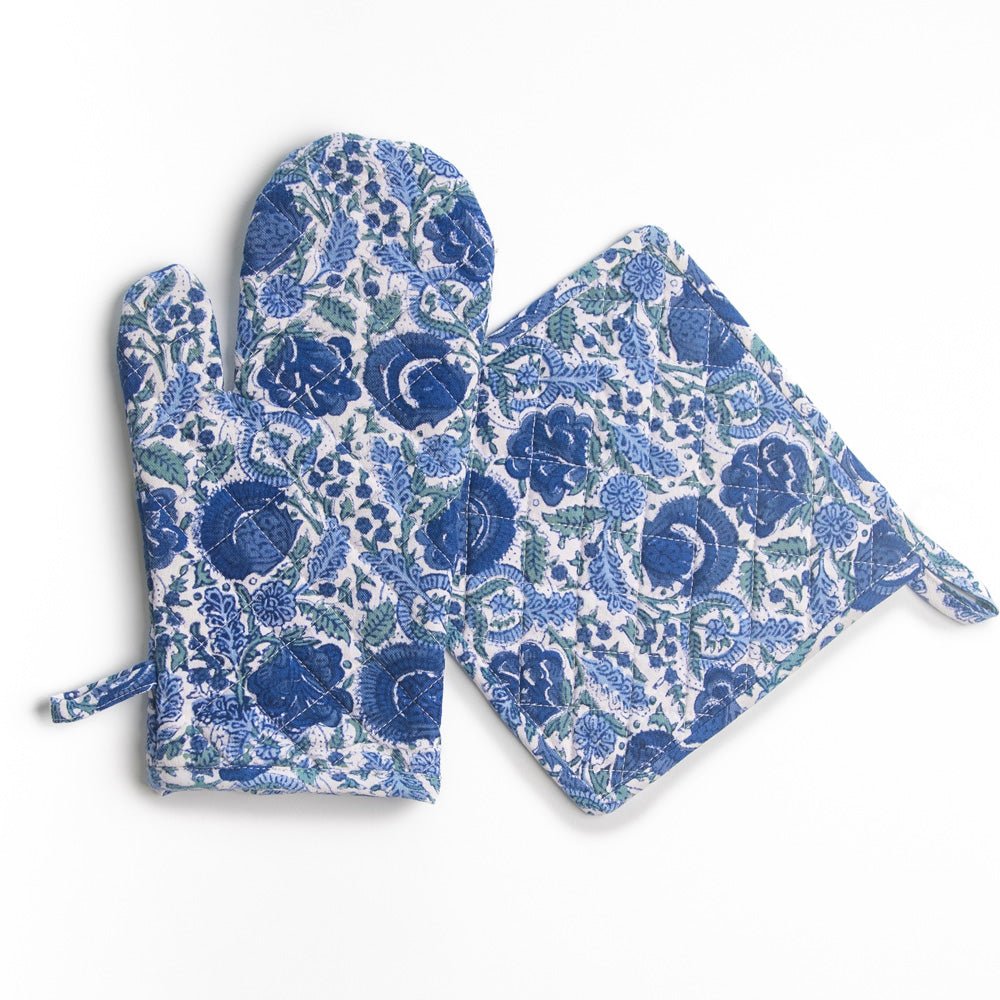 Bohemian Floral Azure Blue & Aqua Hand Block Printed Floral Oven Mitt & Pot Holder Set