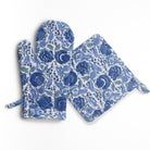 Bohemian Floral Azure Blue & Aqua Hand Block Printed Floral Oven Mitt & Pot Holder Set