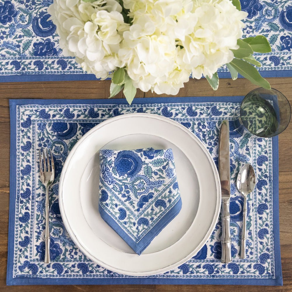 Bohemian Floral Azure Blue & Aqua Hand Block Printed Floral Placemats