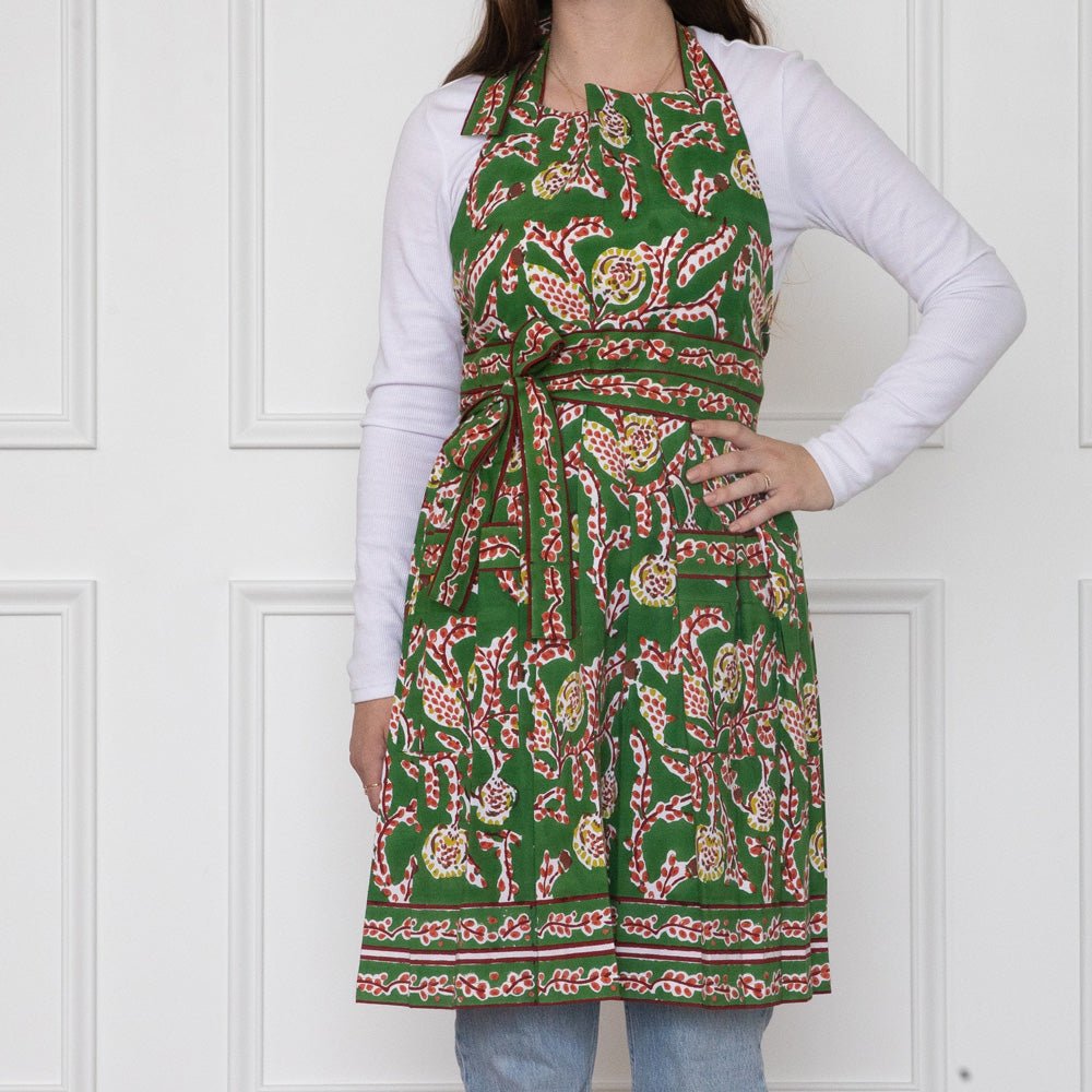 Climbing Dahlia Emerald Green & Red Floral Hand Block Printed Apron