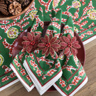Climbing Dahlia Emerald Green & Red Floral Hand Block Printed Cotton Napkins