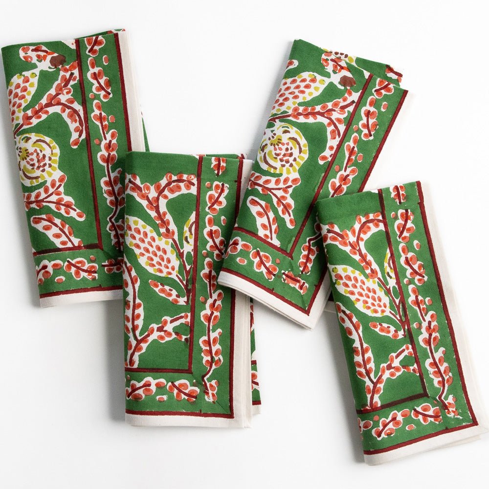 Climbing Dahlia Emerald Green & Red Floral Hand Block Printed Cotton Napkins