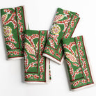 Climbing Dahlia Emerald Green & Red Floral Hand Block Printed Cotton Napkins