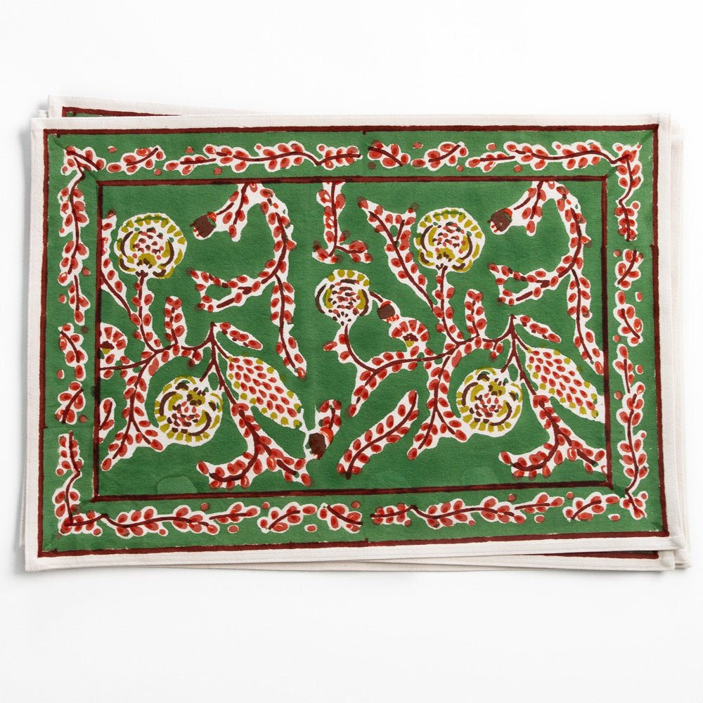 Climbing Dahlia Emerald Green & Red Floral Hand Block Printed Cotton Canvas Placemats