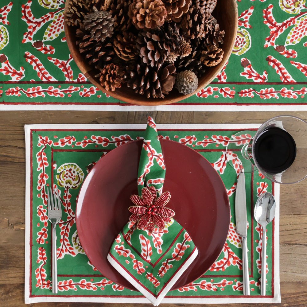 Climbing Dahlia Emerald Green & Red Floral Hand Block Printed Cotton Canvas Placemats