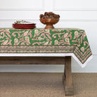Climbing Dahlia Emerald Green & Red Floral Hand Block Printed Cotton Tablecloth