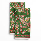 Climbing Dahlia Emerald Green & Red Floral Hand Block Printed Cotton Kitchen Tea Towels