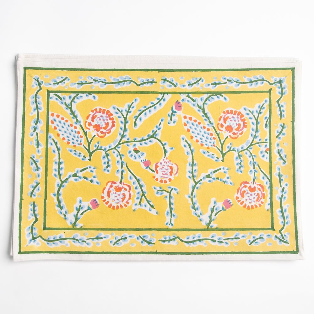 Climbing Dahlia Sunshine Yellow Floral Hand Block Printed Cotton Canvas Placemats