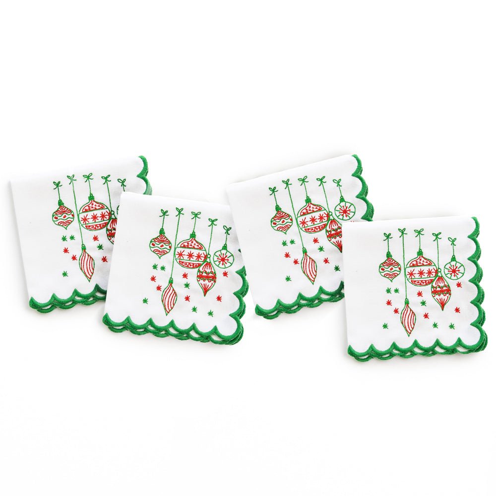 Embroidered Holiday Ornament Cocktail Napkins