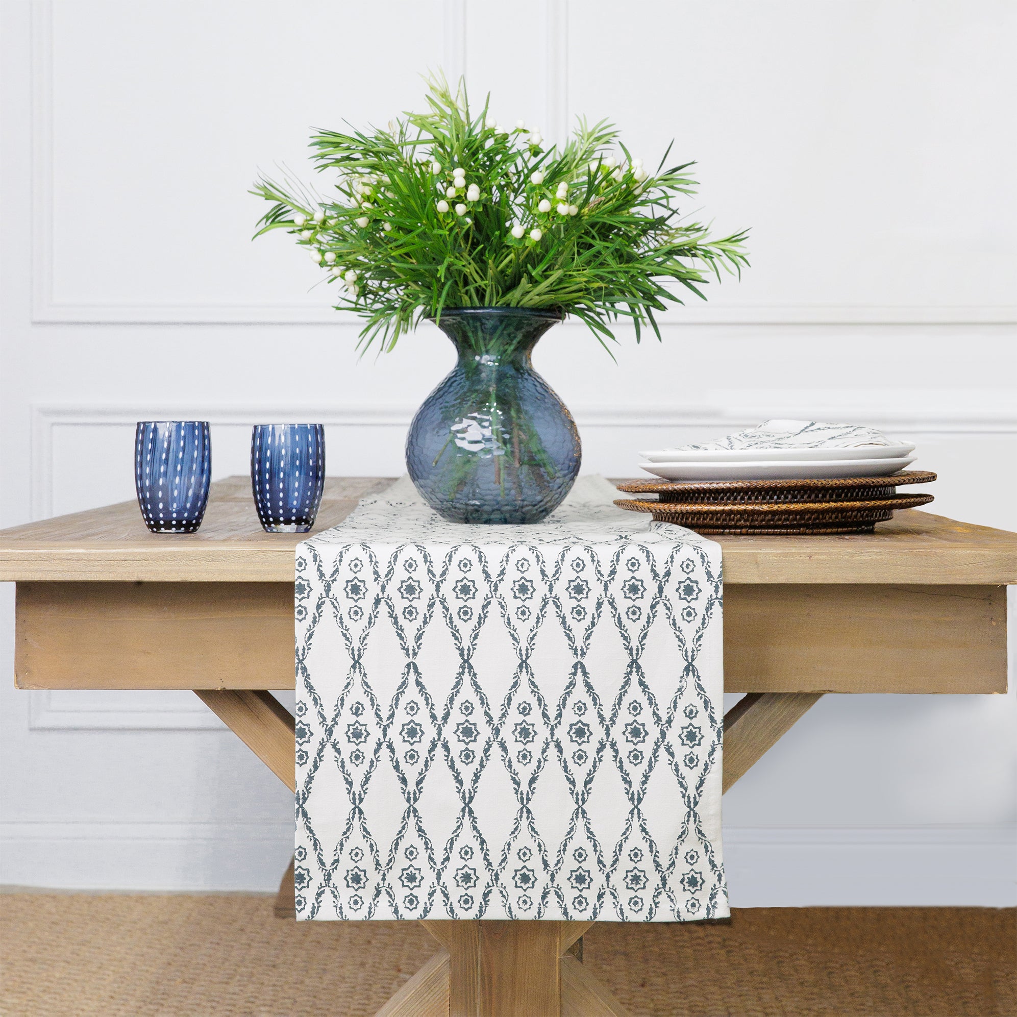 India Hicks x Pomegranate Blue Diamond Hand Block Printed Table Runner