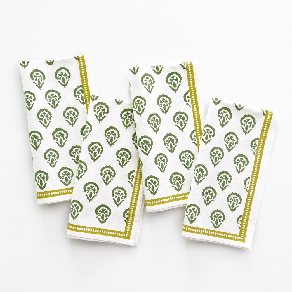 India Hicks Home x Pomegranate Carnation Hunter Green & White Hand Block Printed Cotton Napkin