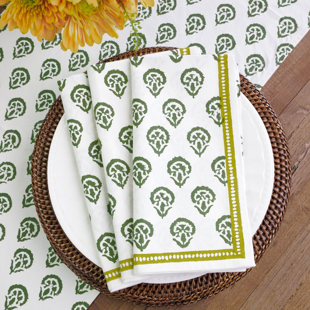 India Hicks Home x Pomegranate Carnation Hunter Green & White Hand Block Printed Cotton Napkin