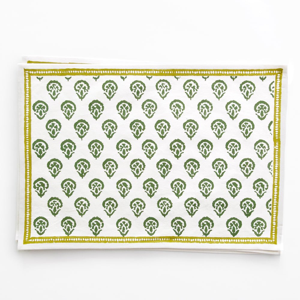 India Hicks Home x Pomegranate Carnation Hunter Green & White Hand Block Printed Cotton Canvas Placemats