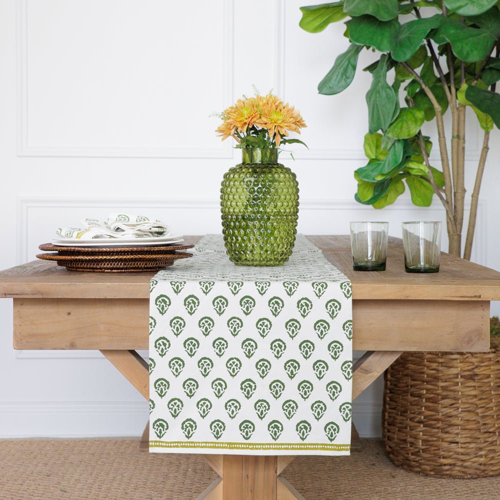 India Hicks Home x Pomegranate Carnation Hunter Green & White Hand Block Printed Cotton Canvas Table Runner