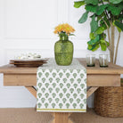 India Hicks Home x Pomegranate Carnation Hunter Green & White Hand Block Printed Cotton Canvas Table Runner