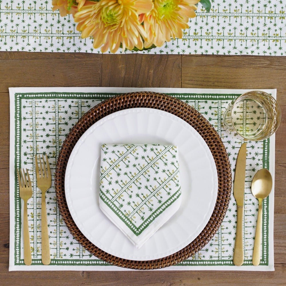India Hicks Home x Pomegranate Palm Avenue Hunter Green & White Hand Block Printed Cotton Canvas Placemats
