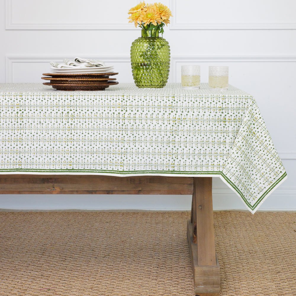 India Hicks Home x Pomegranate Palm Avenue Hunter Green & White Hand Block Printed Cotton Tablecloth