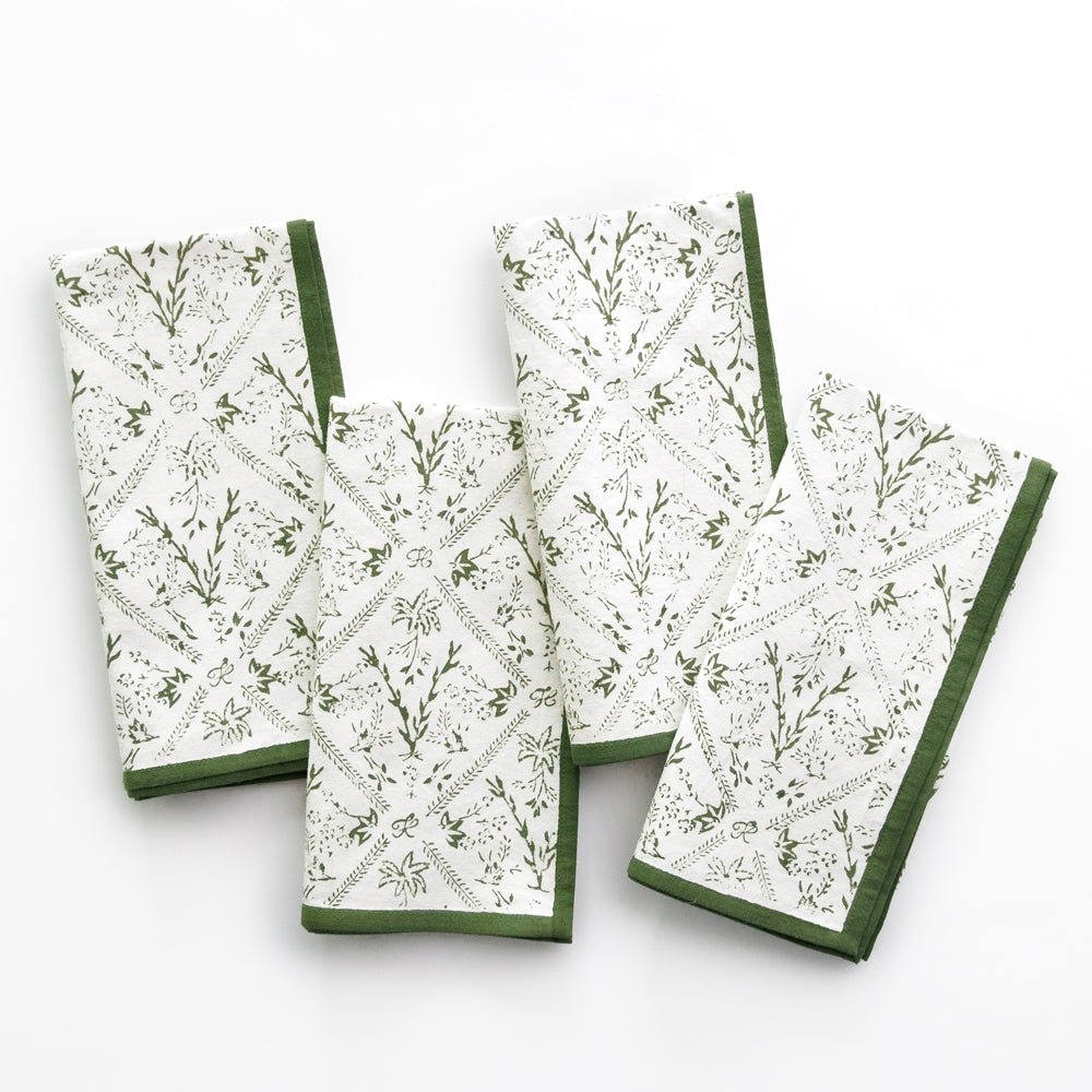 India Hicks Home x Pomegranate Sea Ferns & Domino Hunter Green & White Hand Block Printed Cotton Napkin