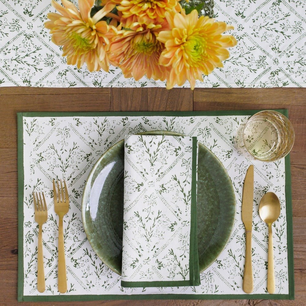 India Hicks Home Sea Ferns & Domino Hunter Green Hand Block Printed Cotton Canvas Placemats