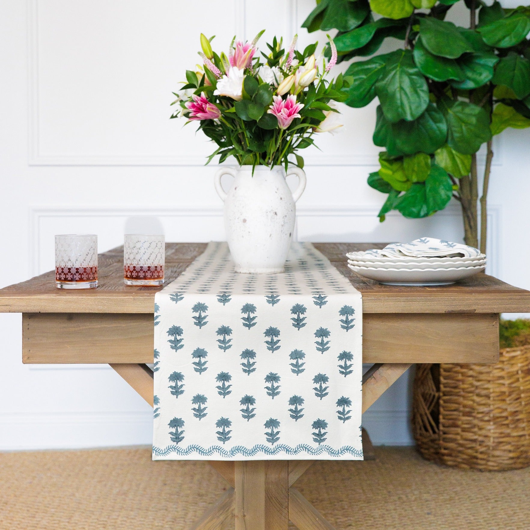 India Hicks Home x Pomegranate Winter Flower Dusty Sky Blue & White Hand Block Printed Table Runner