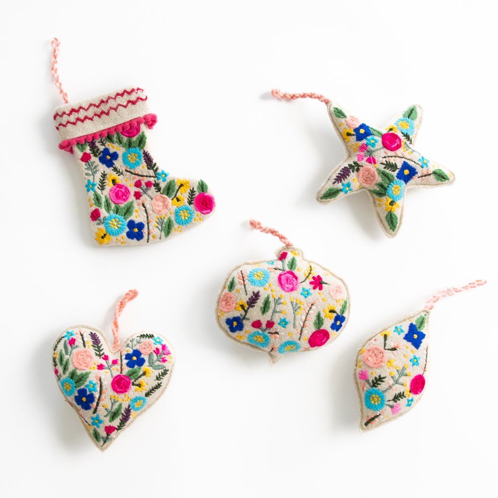 Ivory Embroidered Floral Colorful Holiday Ornaments
