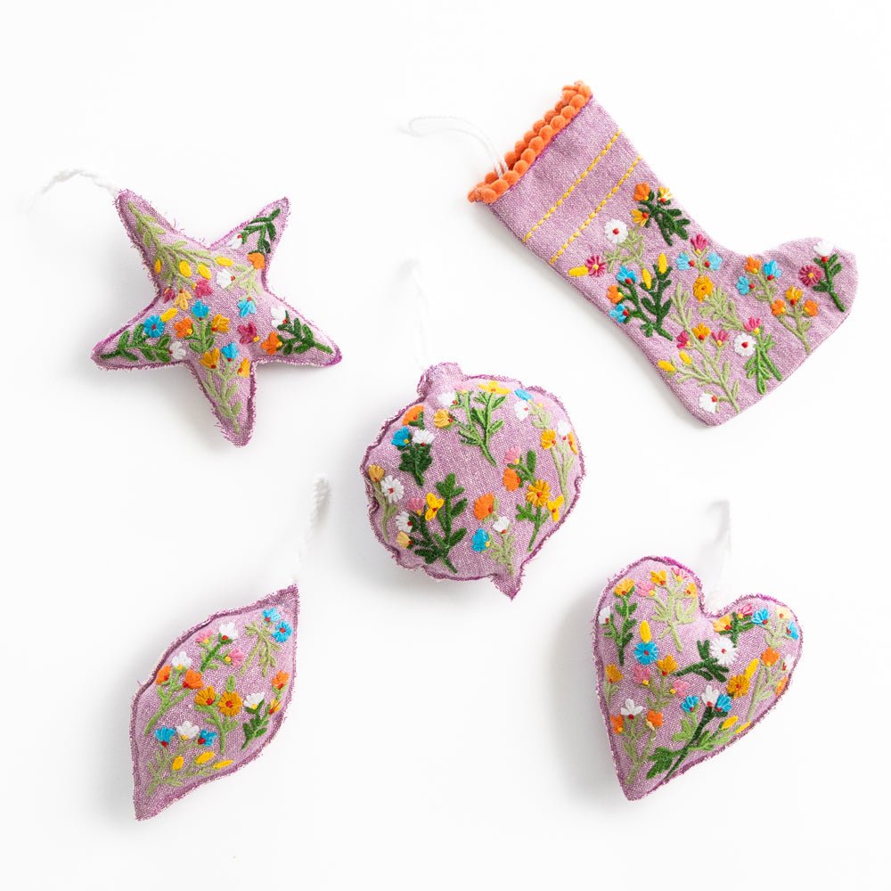 Lilac Embroidered Floral Holiday Ornaments 
