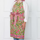 Green & pink botanical pinecone hand block printed apron