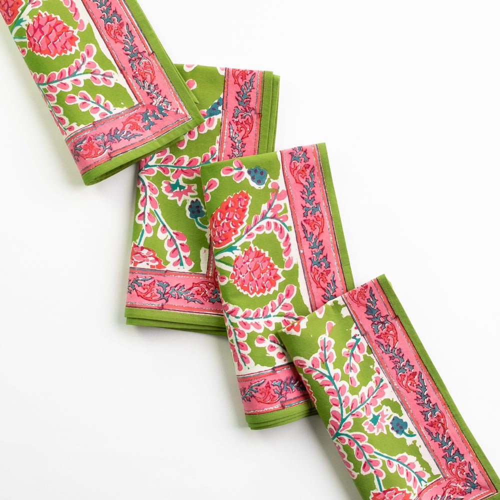 Green & pink botanical pinecone hand block printed cotton napkins