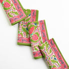 Green & pink botanical pinecone hand block printed cotton napkins