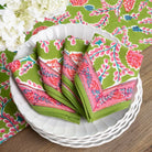 Green & pink botanical pinecone hand block printed cotton napkins