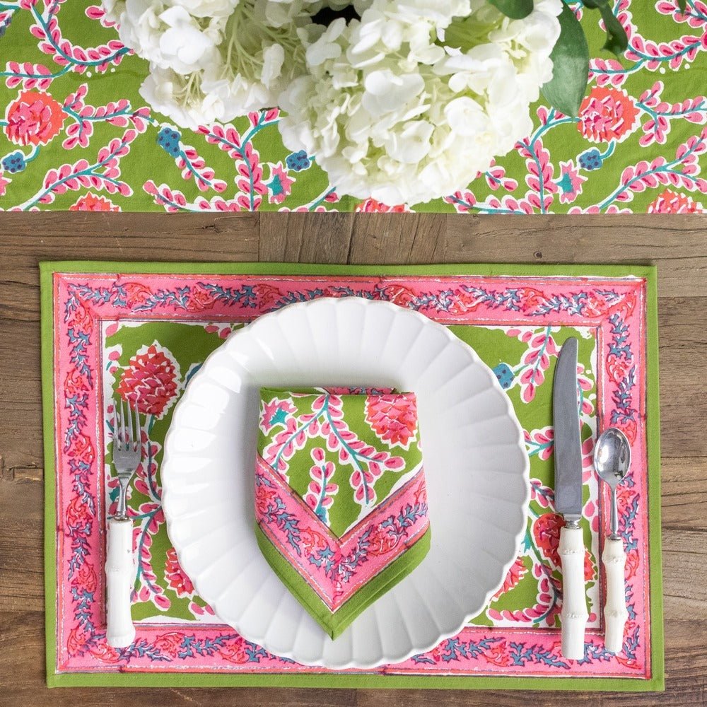 Green & pink botanical pinecone hand block printed cotton canvas placemats