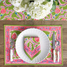 Green & pink botanical pinecone hand block printed cotton canvas placemats