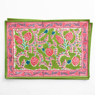 Green & pink botanical pinecone hand block printed cotton canvas placemats