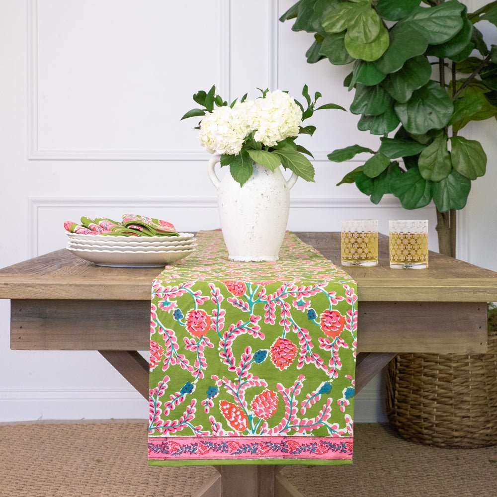 Green & pink botanical pinecone hand block printed table runner