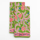Green & pink botanical pinecone hand block printed cotton kitchen tea towels