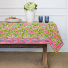 Green & pink pinecone botanical block printed tablecloth