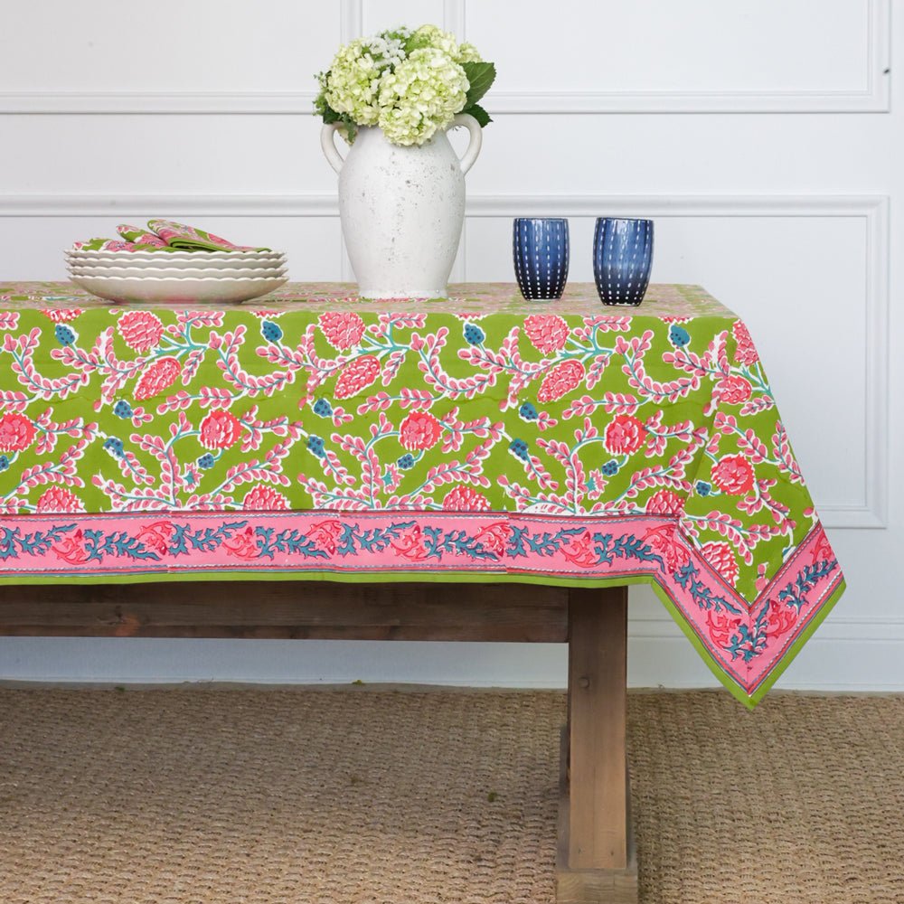 Green & pink pinecone botanical block printed tablecloth