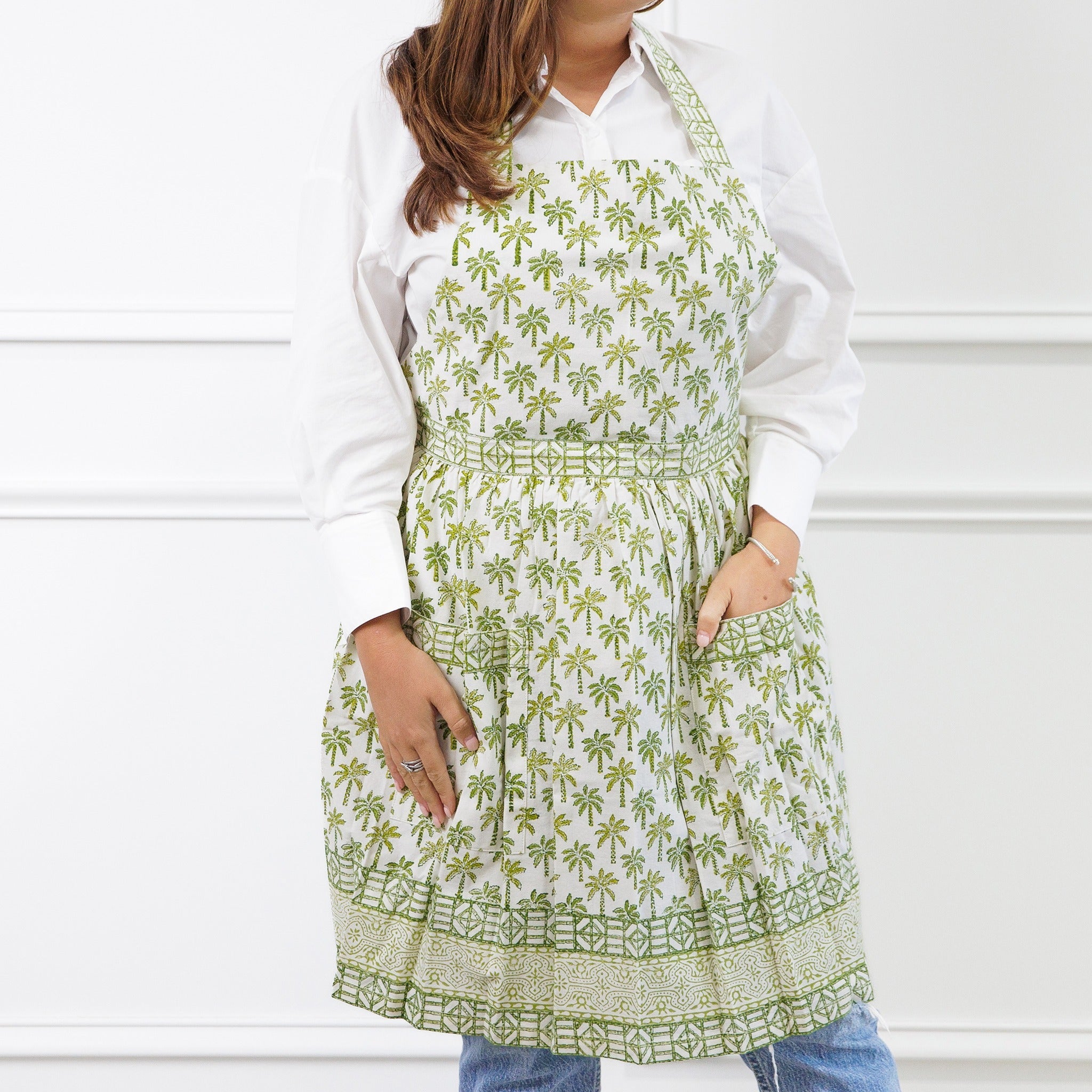 Palm Tree Green Hand Block Printed Cotton Apron