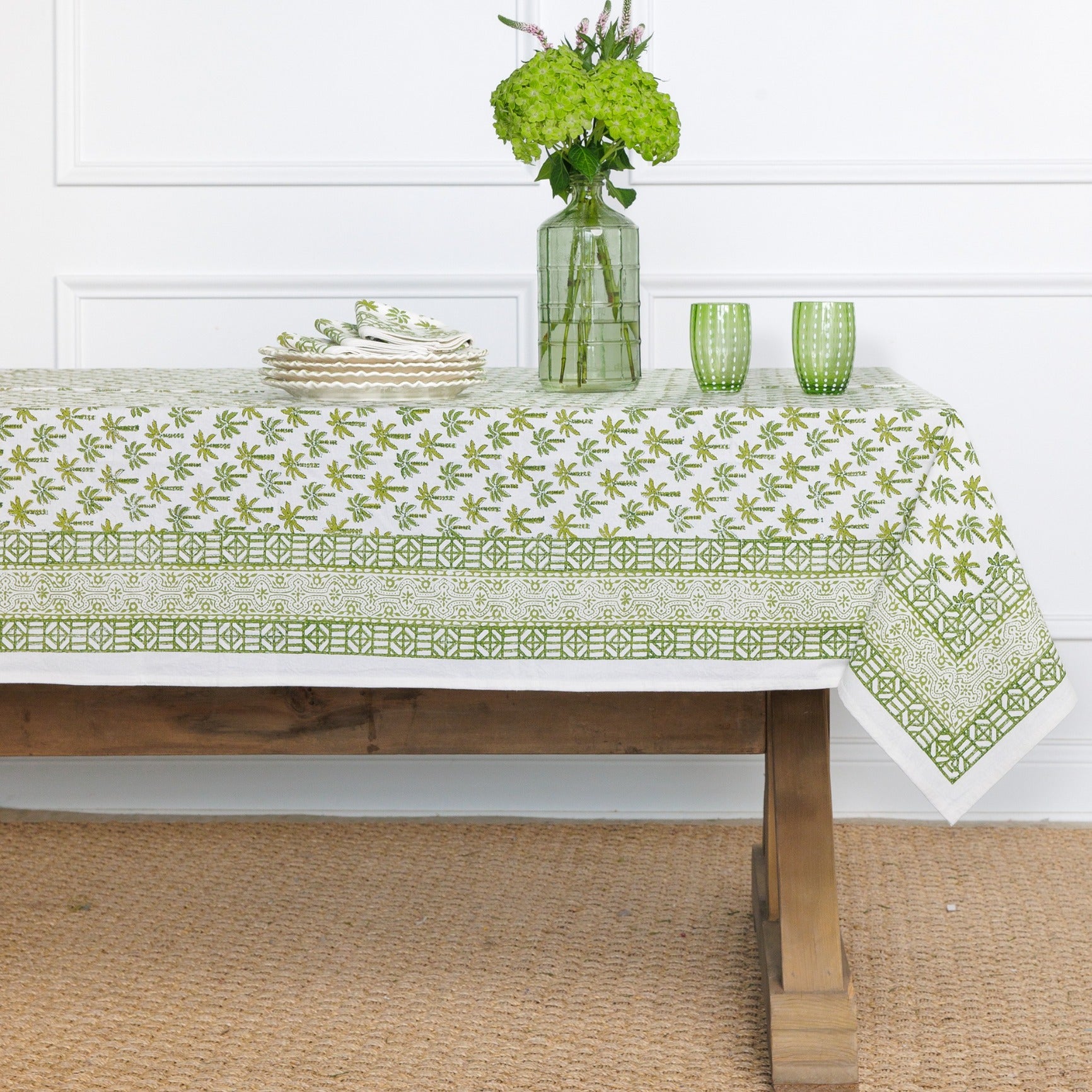 Palm Tree Green Hand Block Printed Cotton Tablecloth