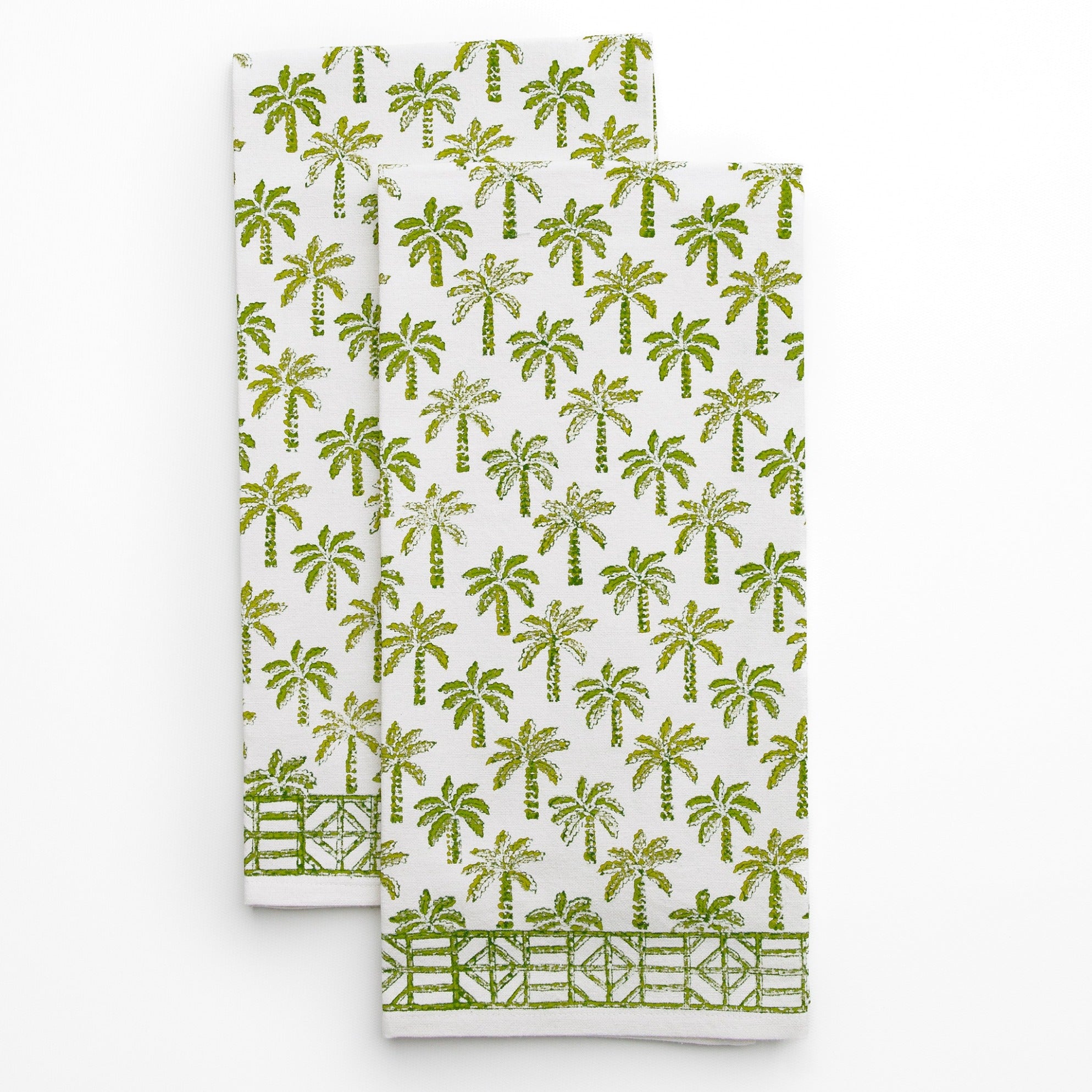 Palm Tree Green Hand Block Printed Cotton Kitchen Tea Towels
