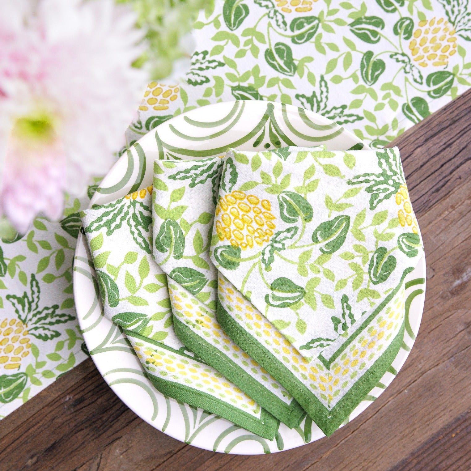 Pineapple Party Green & Yellow Hand Block Printed Cotton Napkins
