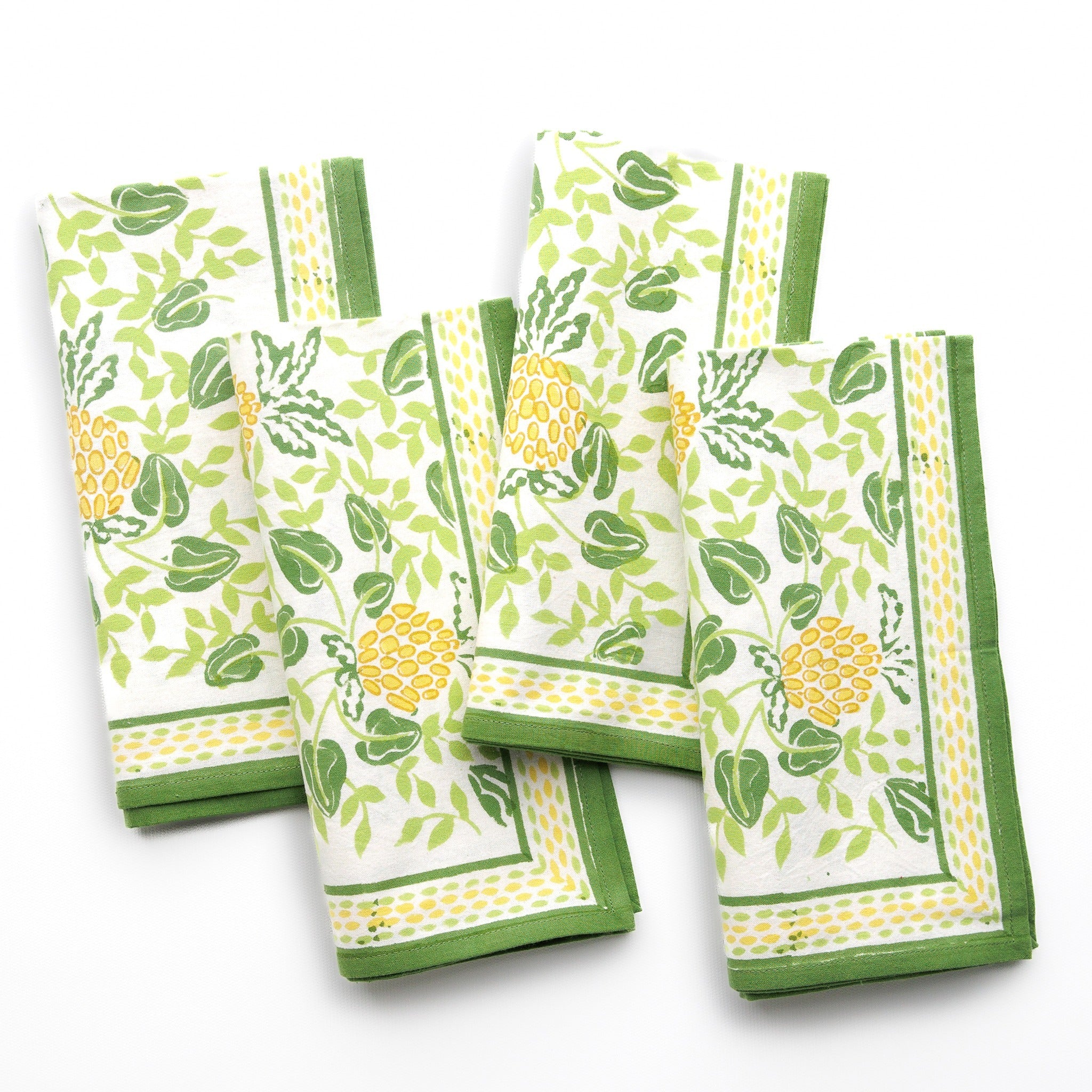 Pineapple Party Green & Yellow Hand Block Printed Cotton Napkins