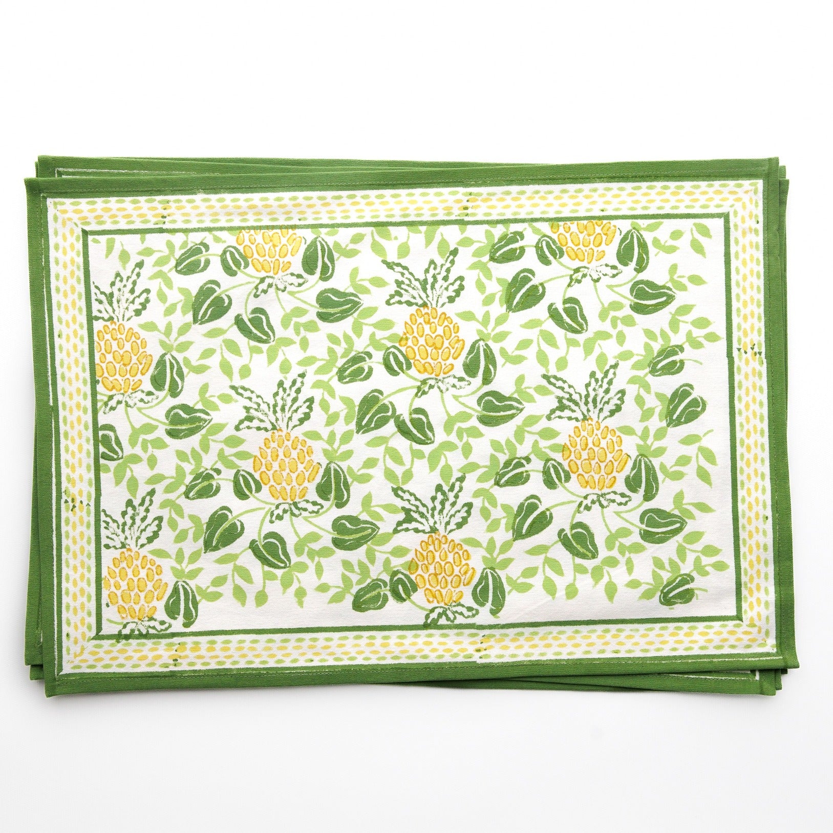 Pineapple Party Green & Yellow Hand Block Printed Cotton Canvas Placemats
